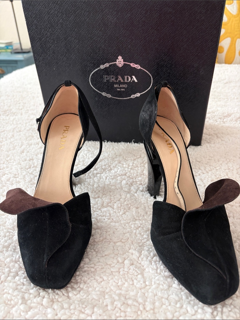 Prada Black Suede Calzature Donna with Ankle Strap Heels